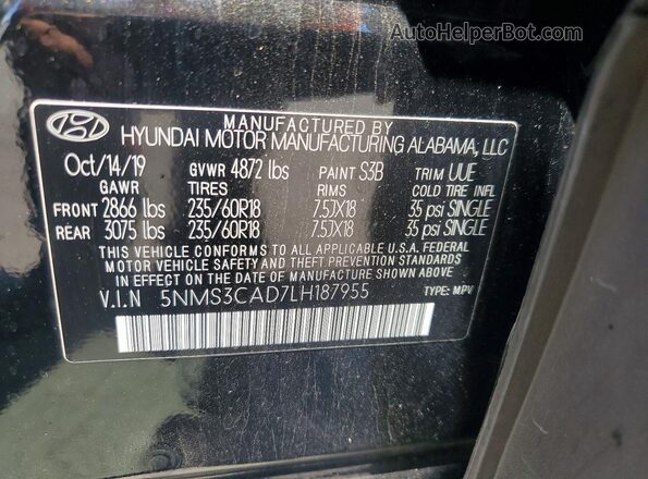 5NMS3CAD7LH187955 2020 HYUNDAI SANTA Черный 