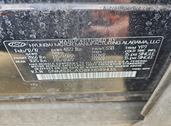 5NMS3CAD8KH089435 2019 HYUNDAI SANTA Black VIN კოდის სტიკერის ხედი