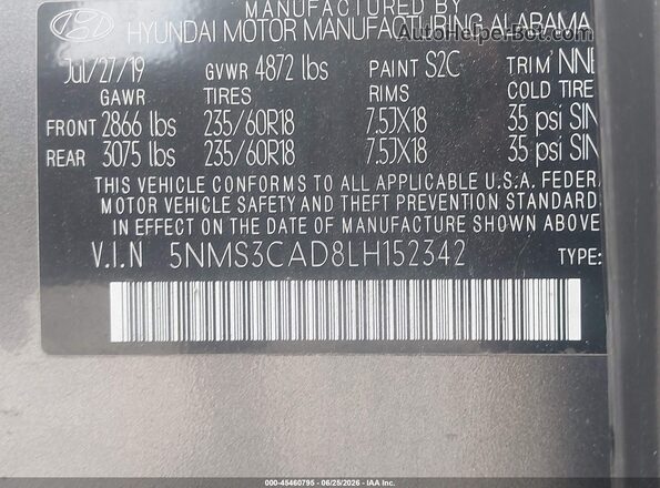 5NMS3CAD8LH152342 2020 HYUNDAI SANTA FE Gray Vista del compartimento del motor