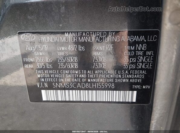 5NMS3CAD8LH155998 2020 HYUNDAI SANTA FE Gray Vista del compartimento del motor