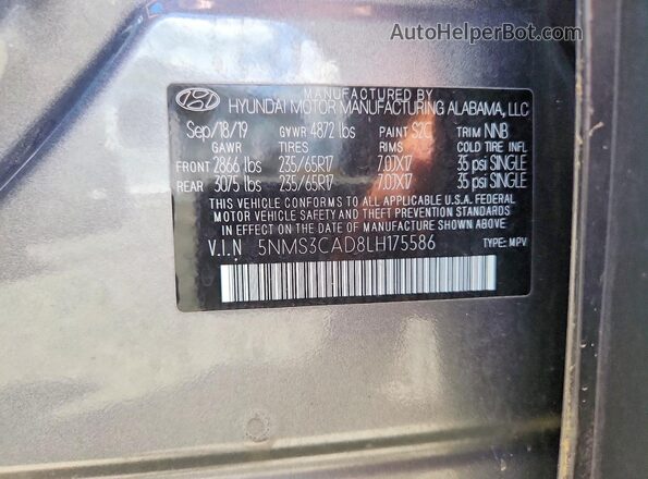 5NMS3CAD8LH175586 2020 HYUNDAI SANTA Silver VIN კოდის სტიკერის ხედი