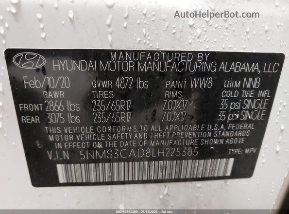 5NMS3CAD8LH225385 2020 HYUNDAI SANTA FE White Widok komory silnika