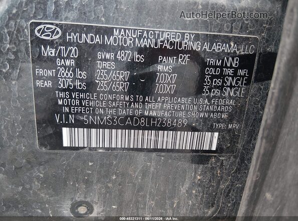 5NMS3CAD8LH238489 2020 HYUNDAI SANTA FE Pewter Вид подкапотного пространства