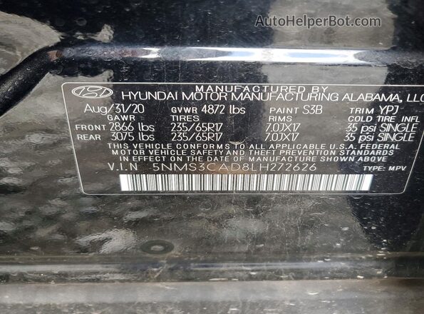 5NMS3CAD8LH272626 2020 HYUNDAI SANTA Black 
