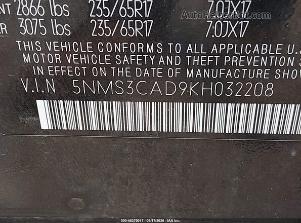 5NMS3CAD9KH032208 2019 HYUNDAI SANTA FE Black Vista del compartimento del motor