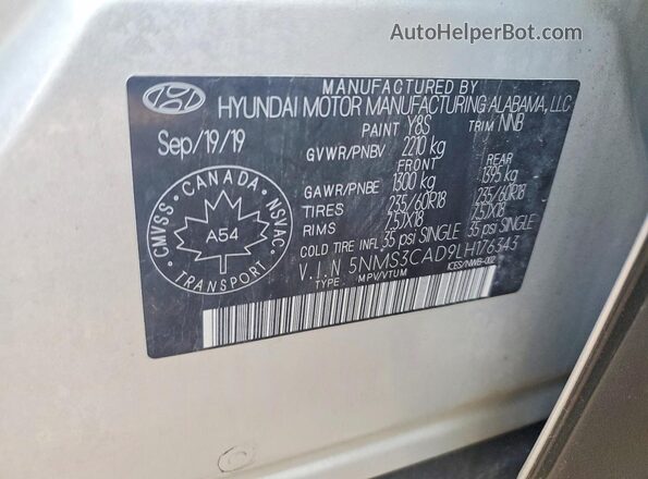 5NMS3CAD9LH176343 2020 HYUNDAI SANTA Silver Vista de la etiqueta del VIN