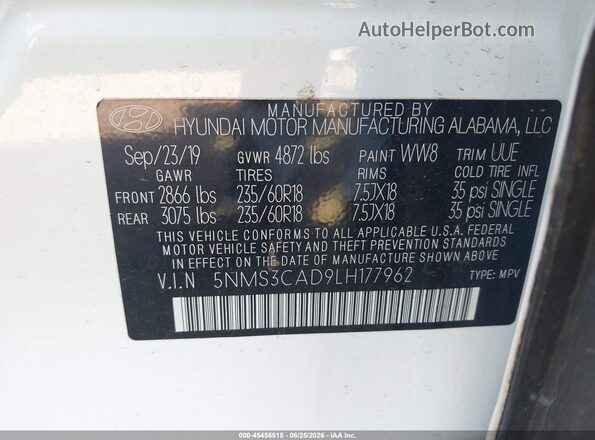 5NMS3CAD9LH177962 2020 HYUNDAI SANTA FE White Շարժիչի բաժամունքի տեսք
