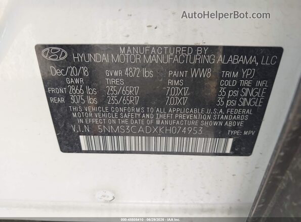 5NMS3CADXKH074953 2019 HYUNDAI SANTA FE White Engine compartment view