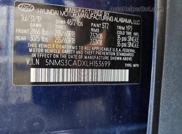 5NMS3CADXLH153699 2020 HYUNDAI SANTA Blue Widok komory silnika