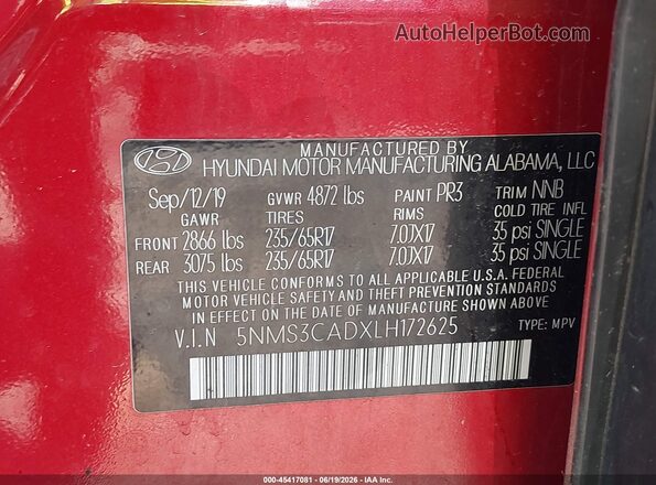 5NMS3CADXLH172625 2020 HYUNDAI SANTA FE Red Vista del compartimento del motor