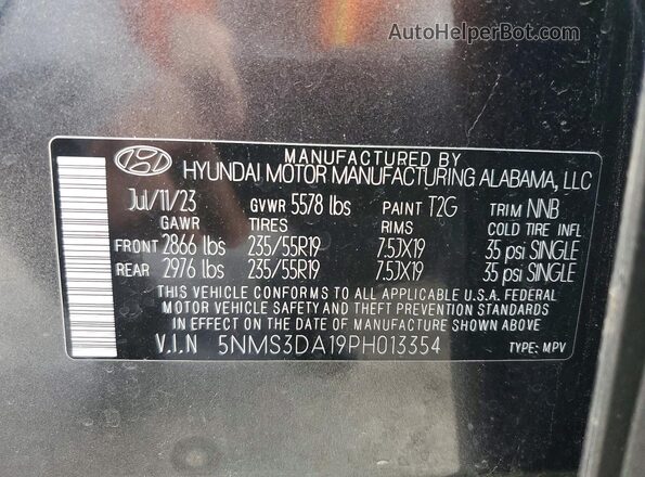5NMS3DA19PH013354 2023 HYUNDAI SANTA Gray Widok naklejki z numerem VIN