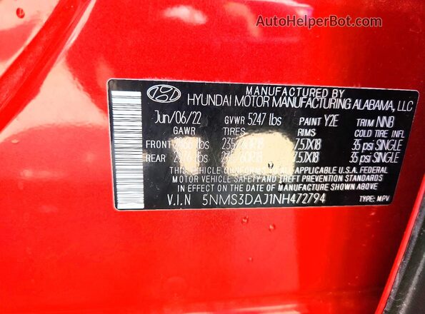 5NMS3DAJ1NH472794 2022 HYUNDAI SANTA Red Вид наклейки з VIN-кодом