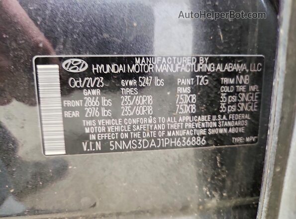 5NMS3DAJ1PH636886 2023 HYUNDAI SANTA Charcoal Vista de la etiqueta del VIN