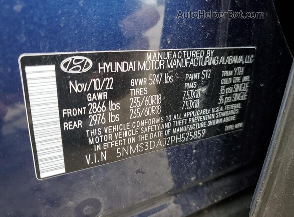 5NMS3DAJ2PH525859 2023 HYUNDAI SANTA Blue Вид наклейки з VIN-кодом