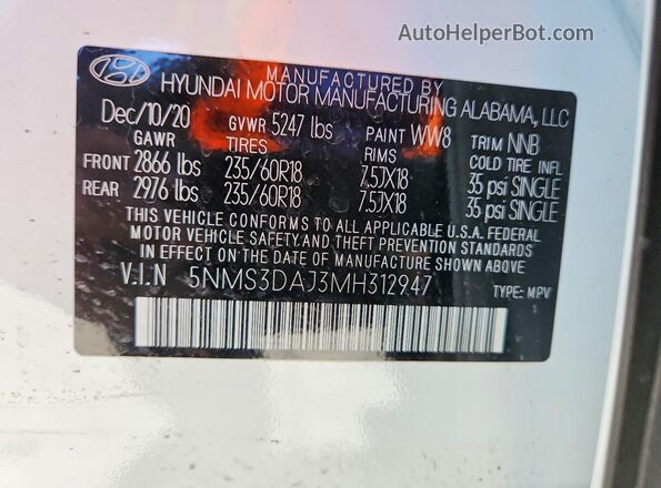 5NMS3DAJ3MH312947 2021 HYUNDAI SANTA White VIN კოდის სტიკერის ხედი