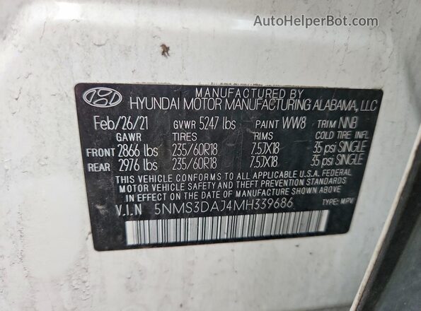 5NMS3DAJ4MH339686 2021 HYUNDAI SANTA White Engine compartment view