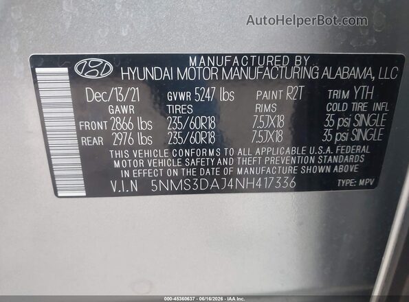 5NMS3DAJ4NH417336 2022 HYUNDAI SANTA FE Silver Vista del compartimento del motor