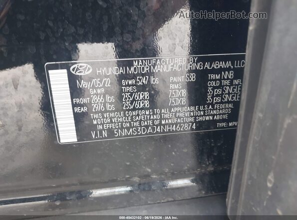 5NMS3DAJ4NH462874 2022 HYUNDAI SANTA FE Черный Вид подкапотного пространства