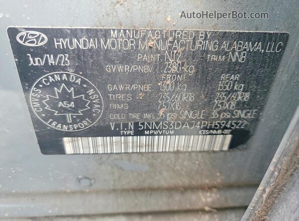 5NMS3DAJ4PH594522 2023 HYUNDAI SANTA Gray VIN კოდის სტიკერის ხედი