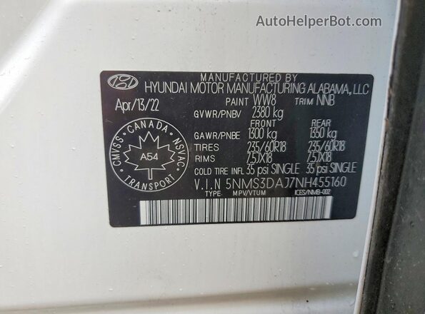 5NMS3DAJ7NH455160 2022 HYUNDAI SANTA White Widok komory silnika
