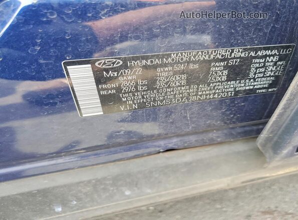 5NMS3DAJ8NH442031 2022 HYUNDAI SANTA Blue 