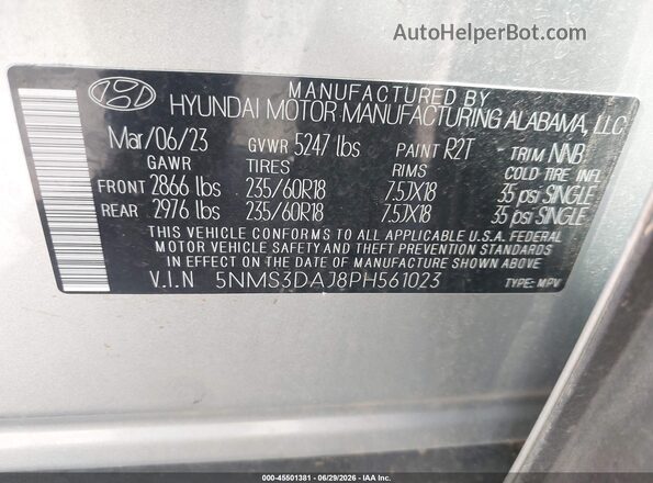 5NMS3DAJ8PH561023 2023 HYUNDAI SANTA FE Silver Engine compartment view