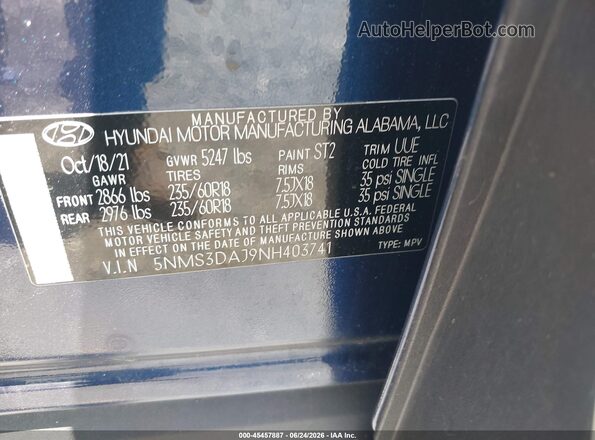 5NMS3DAJ9NH403741 2022 HYUNDAI SANTA FE Blue Вид підкапотного простору