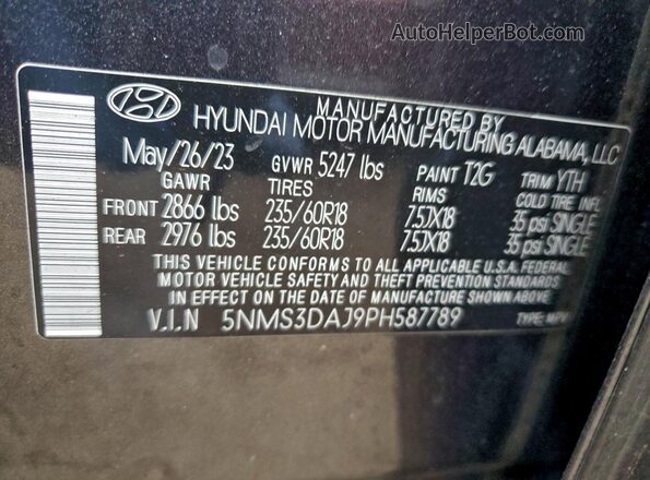 5NMS3DAJ9PH587789 2023 HYUNDAI SANTA Gray Панорамний вид салону 360°