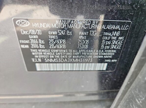 5NMS3DAJXMH311973 2021 HYUNDAI SANTA Gray VIN sticker view