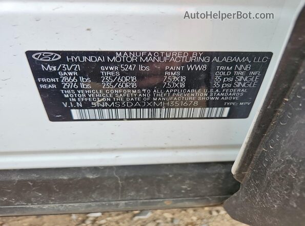 5NMS3DAJXMH351678 2021 HYUNDAI SANTA White 