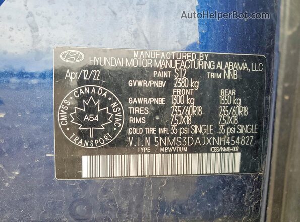 5NMS3DAJXNH454827 2022 HYUNDAI SANTA Blue 