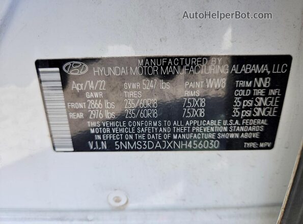 5NMS3DAJXNH456030 2022 HYUNDAI SANTA White Vista del compartimento del motor