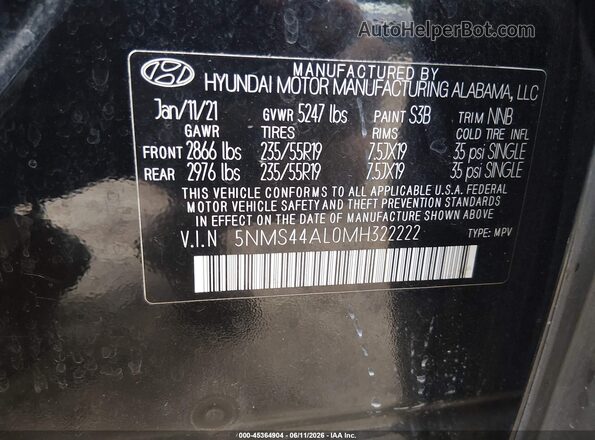 5NMS44AL0MH322222 2021 HYUNDAI SANTA FE Черный Вид подкапотного пространства