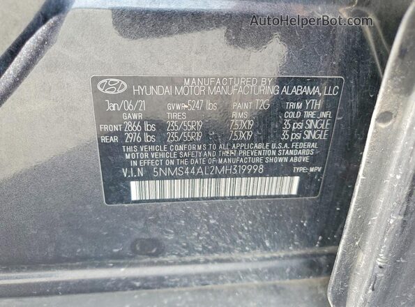 5NMS44AL2MH319998 2021 HYUNDAI SANTA Black Widok naklejki z numerem VIN