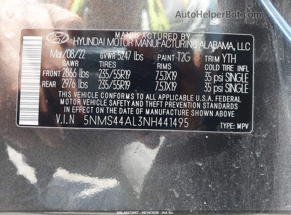 5NMS44AL3NH441495 2022 HYUNDAI SANTA FE Gray Շարժիչի բաժամունքի տեսք