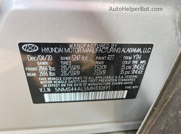 5NMS44AL5MH310891 2021 HYUNDAI SANTA Silver სალონის 360-გრადუსიანი ხედი