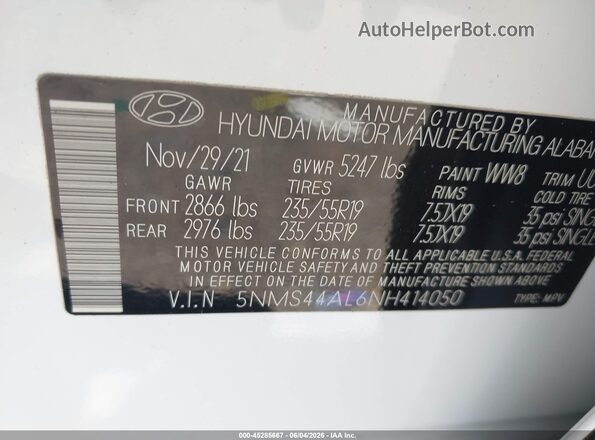 5NMS44AL6NH414050 2022 HYUNDAI SANTA FE White Շարժիչի բաժամունքի տեսք