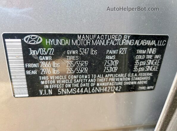 5NMS44AL6NH421242 2022 HYUNDAI SANTA Серебряный Вид наклейки с VIN-кодом