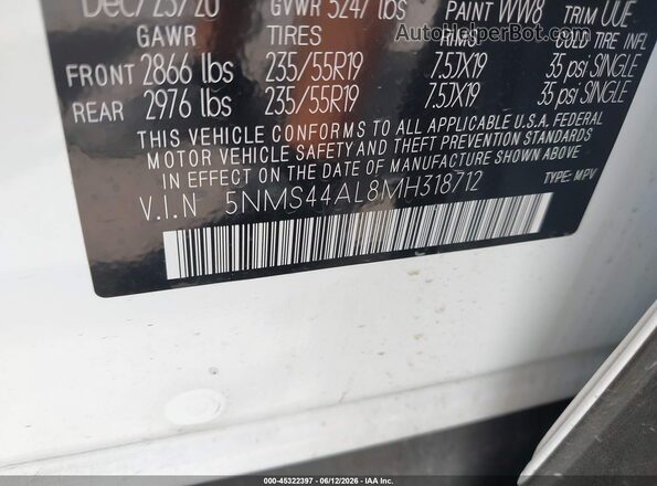 5NMS44AL8MH318712 2021 HYUNDAI SANTA FE Белый Вид наклейки с VIN-кодом