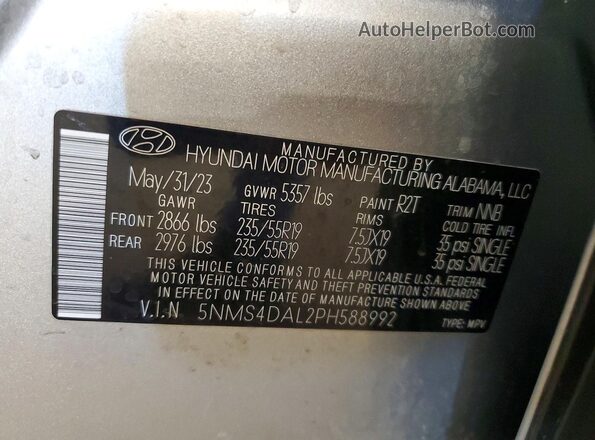 5NMS4DAL2PH588992 2023 HYUNDAI SANTA Silver Вид наклейки з VIN-кодом