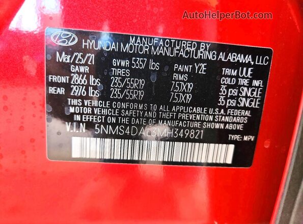 5NMS4DAL3MH349821 2021 HYUNDAI SANTA Red Панорамний вид салону 360°