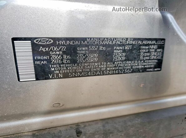 5NMS4DAL5NH452367 2022 HYUNDAI SANTA Silver 