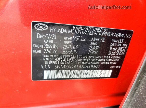 5NMS4DAL6MH315971 2021 HYUNDAI SANTA Red Սալոնի 360 աստիճան տեսք