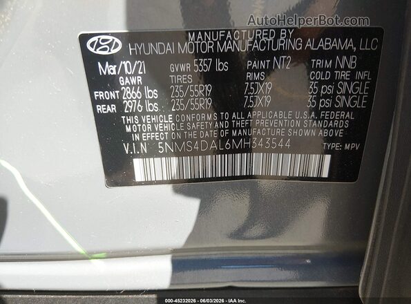 5NMS4DAL6MH343544 2021 HYUNDAI SANTA FE Gray Շարժիչի բաժամունքի տեսք
