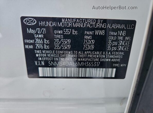5NMS4DAL6MH365317 2021 HYUNDAI SANTA Белый Вид наклейки с VIN-кодом