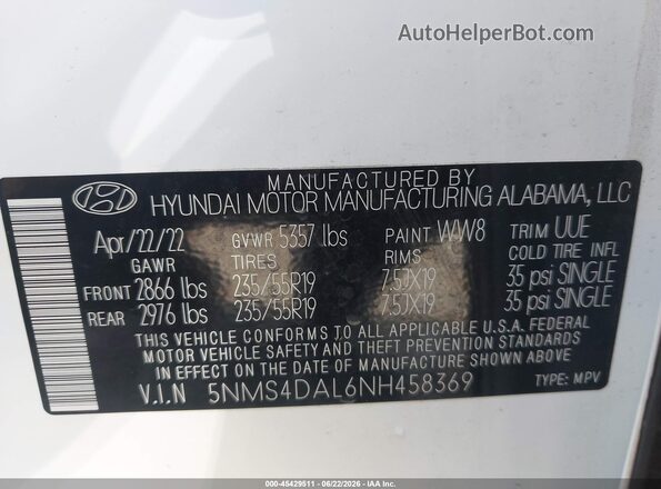 5NMS4DAL6NH458369 2022 HYUNDAI SANTA FE White ძრავის განყოფილების ხედი