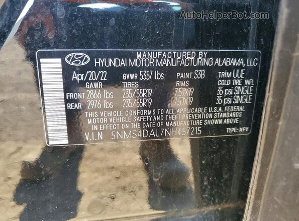 5NMS4DAL7NH457215 2022 HYUNDAI SANTA Black Widok naklejki z numerem VIN