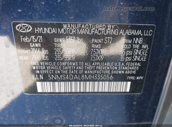 5NMS4DAL8MH335056 2021 HYUNDAI SANTA FE Dark Blue Widok komory silnika