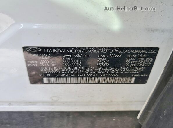 5NMS4DAL9MH346986 2021 HYUNDAI SANTA White 360 interior view