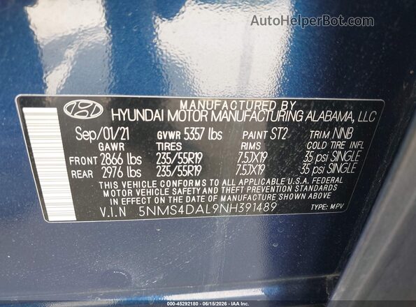 5NMS4DAL9NH391489 2022 HYUNDAI SANTA FE Blue Շարժիչի բաժամունքի տեսք